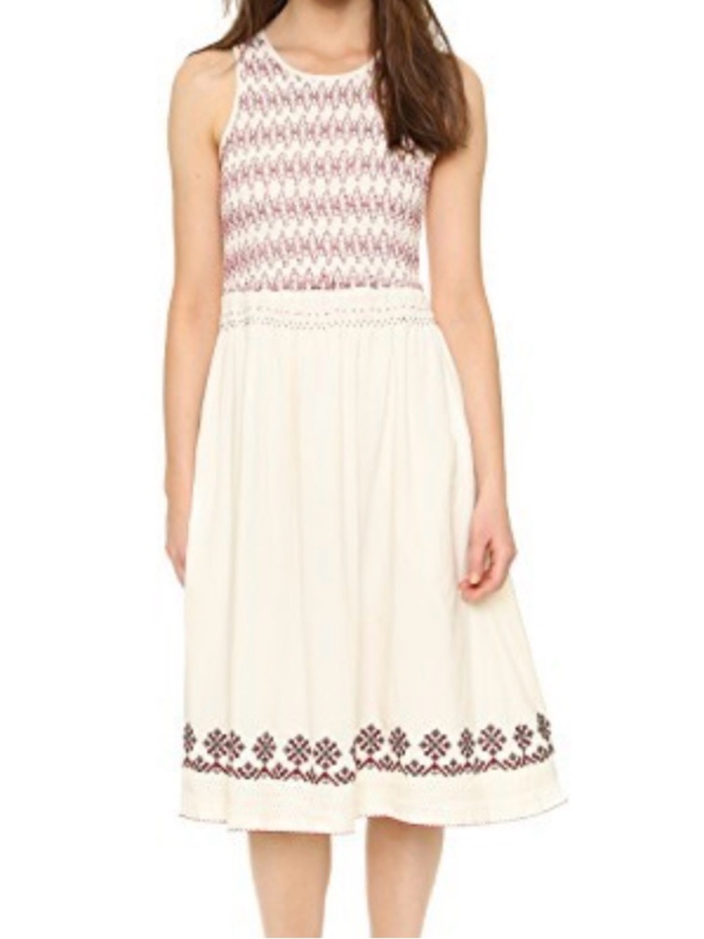 Tularosa Cream Dress with Red and Navy Smocked Detail